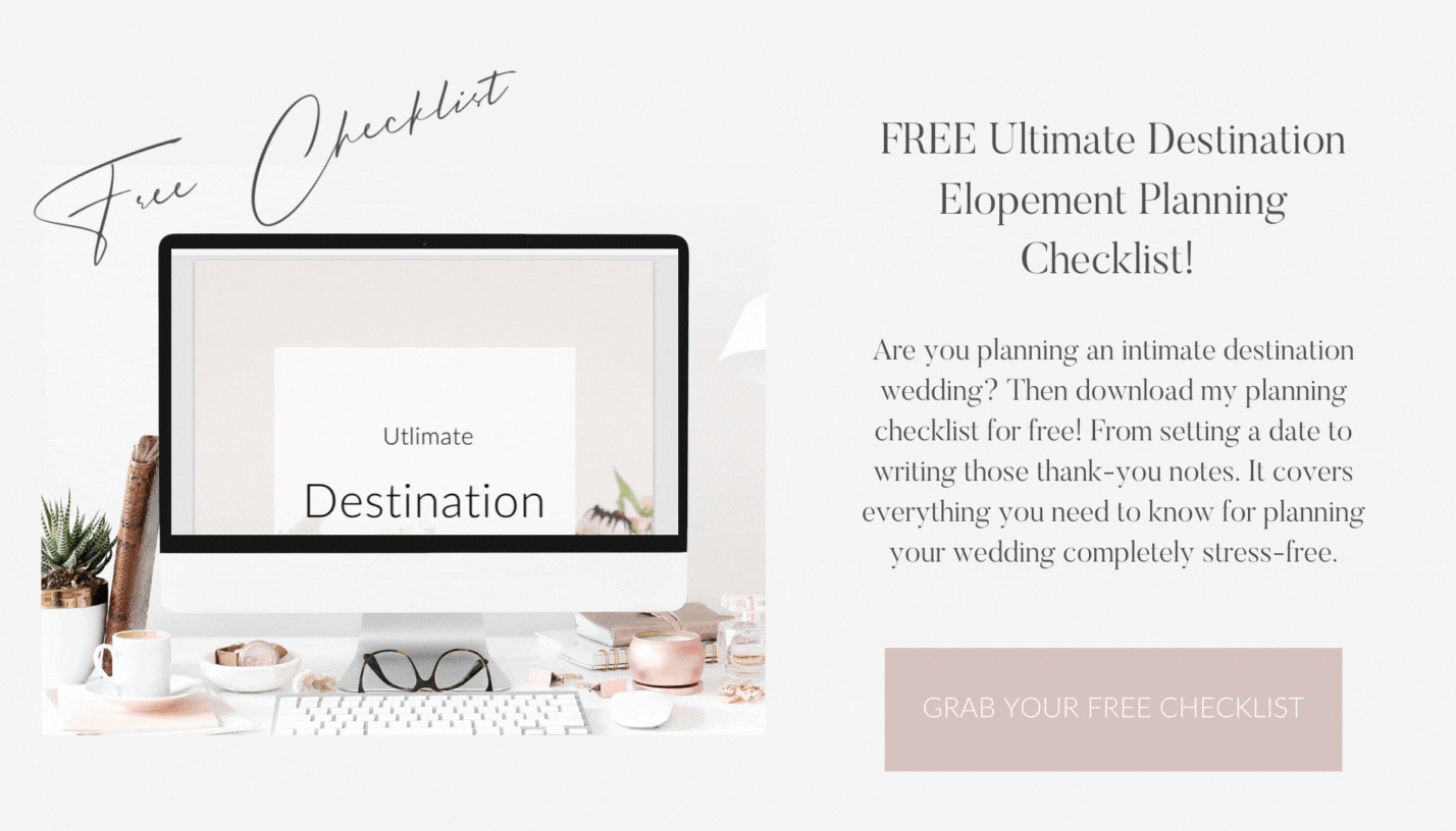 Free Ultimate Destination Planning Checklist.

Are you planning an intimate destination wedding? Then download my planning checklist for free. From setting a date to writing those thank-you notes. It covers everything you need to know for planning your wedding completely stress-free. #lovelyandplanned