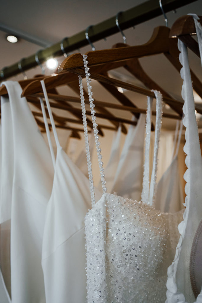 Close-up of wedding and elopement dresses.