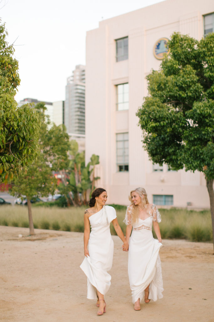 What to Do When You Plan to Elope - A Step-by-Step Guide by Lovely & Planned

Image showing two brides walking hand in hand wearing gorgeous wedding dresses. 

Image by Sourced Co.
